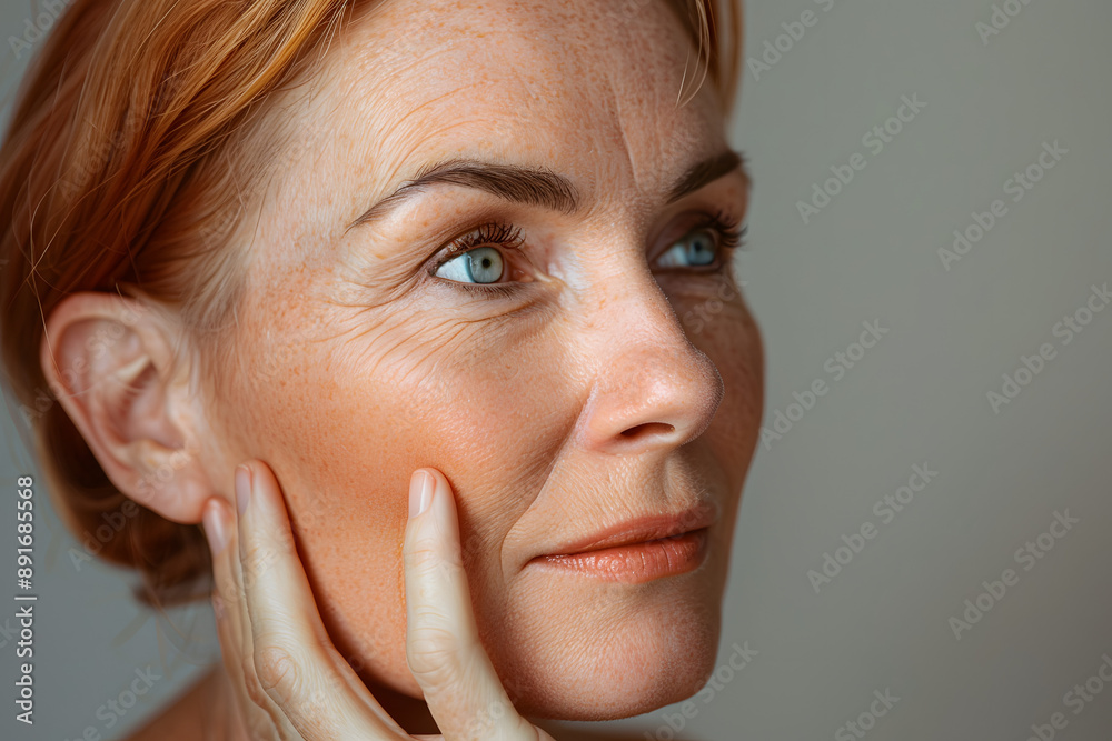 A closeup shot of a woman with natural skin without makeup looking on the side