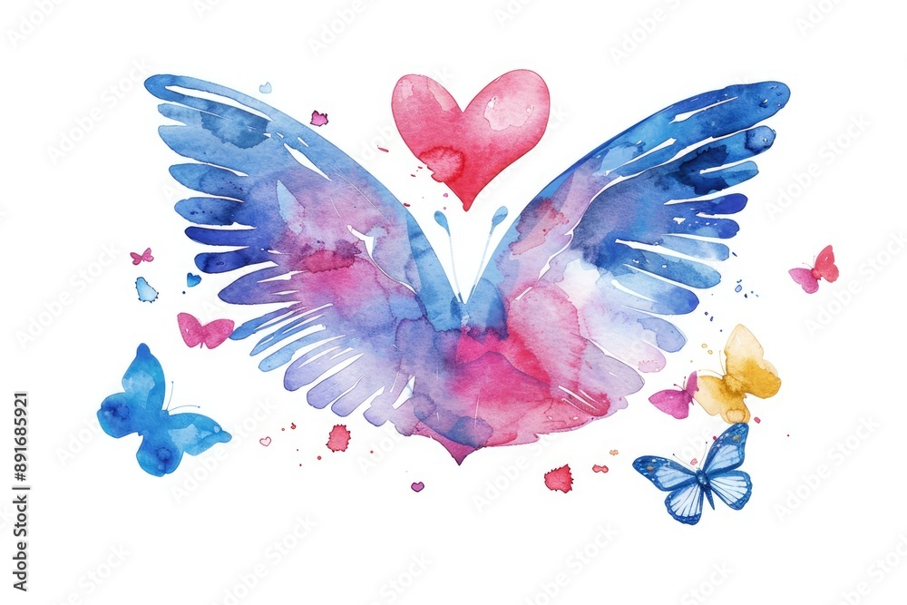 Obraz premium Colorful watercolor painting of heart with wings and butterflies. Vibrant art symbolizing love, freedom, and creativity.