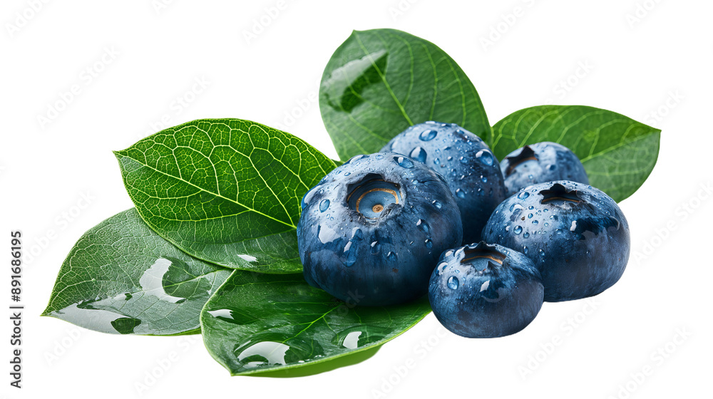 Close-up of several blueberries with water droplets on a green leaves isolated against a white background. Close-up of several blueberries with water droplets on a green leaves isolated against a white background.