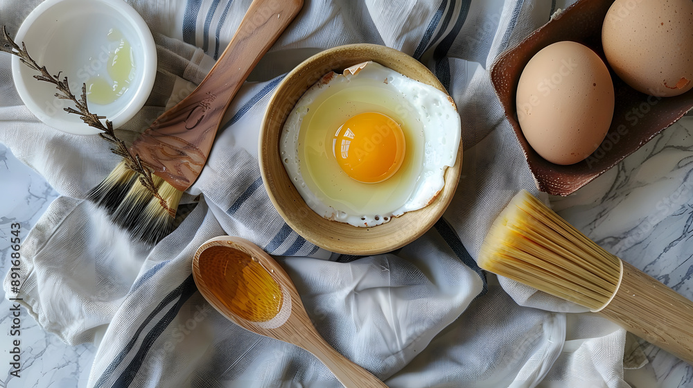 DIY Beauty Mask Ingredients Small Bowl with Egg Spoon of Olive Oil Wooden Brush DIY Beauty Mask Ingredients Small Bowl with Egg Spoon of Olive Oil Wooden Brush