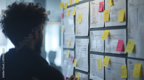 Project manager is adding a sticky note to a user journey map on a pinboard in the office