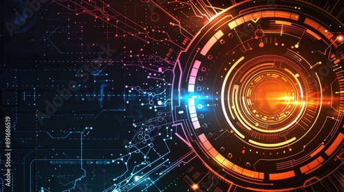 Digital background with a large glowing circular element in orange and yellow, emitting bright light. Black background with blue and red circuitry pattern