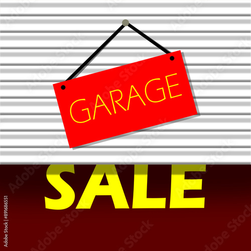 Garage Sale Day event banner. A sign hanging on an open garage door on dark red background to celebrate on August