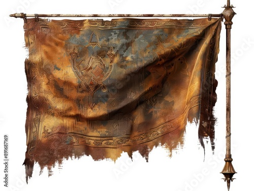 A weathered, tattered medieval flag with intricate patterns and a rusty pole, symbolizing history and ancient traditions.