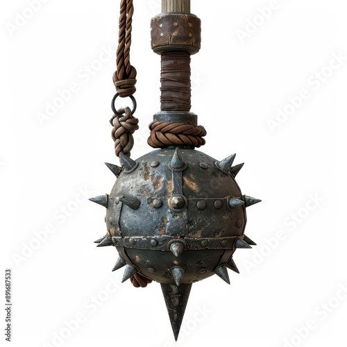 Medieval spiked mace flail weapon with chain and wooden handle isolated on white background for historical or fantasy setting. photo