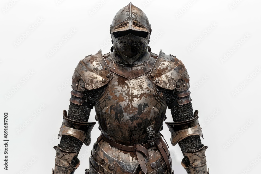 Fototapeta premium Front view of a medieval knight in full armor, ready for battle. Historic and detailed craftsmanship showcased in this photograph.