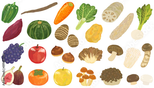 秋の食べ物のイラストセット　ベクター素材