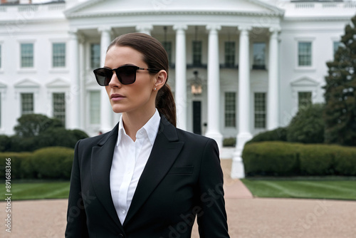 A female secret service agent on guard, scanning area for threats, in front of the White House waiting for the arrival of the President of the United States. Careers, jobs - women in law enforcement.