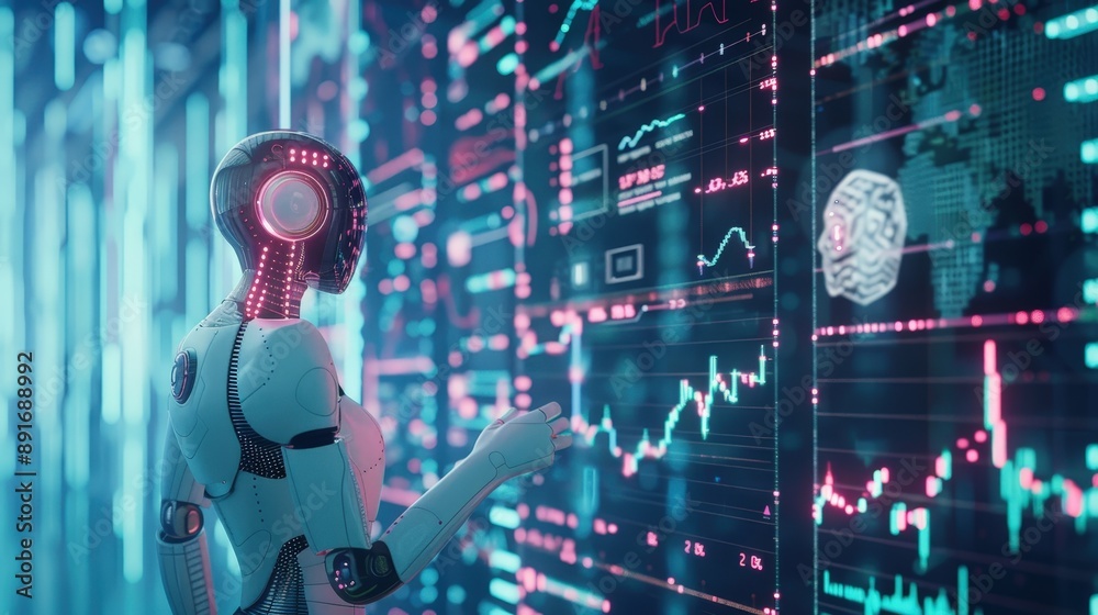 A humanoid robot stands in front of a large screen displaying financial data, including charts and graphs, with its hand pointing to a specific section A humanoid robot stands in front of a large screen displaying financial data, including charts and graphs, with its hand pointing to a specific section