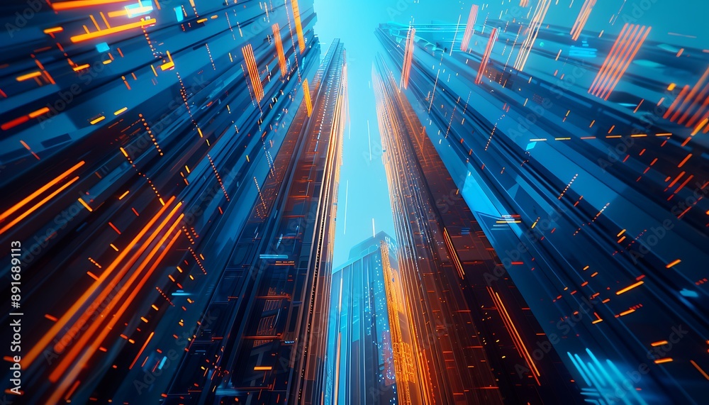 Low angle shot of futuristic skyscrapers, abstract data graphics cascading across the frame, blue and orange hues. Low angle shot of futuristic skyscrapers, abstract data graphics cascading across the frame, blue and orange hues.