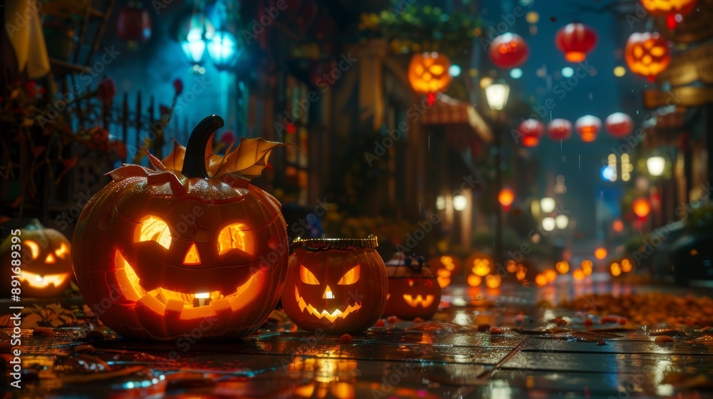 Fototapeta premium Haunting Halloween Night with Glowing Jack-O'-Lanterns