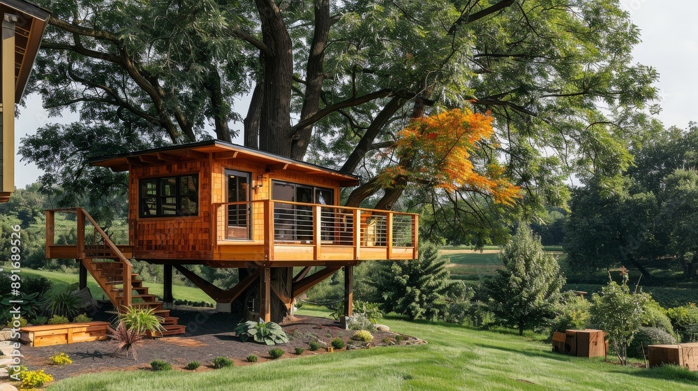 Building a treehouse in a large backyard surrounded by nature Building a treehouse in a large backyard surrounded by nature