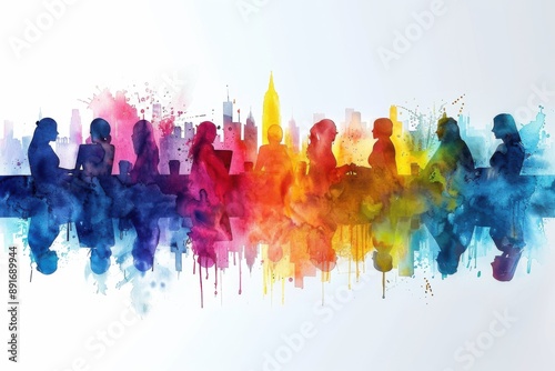 People around a table with laptops and coffee cups