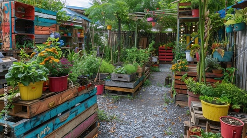 A panoramic view of a garden featuring planters made from repurposed wooden pallets and colorful paint
