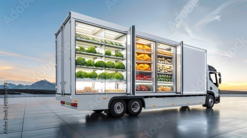A large white truck is filled with fresh produce, including vegetables