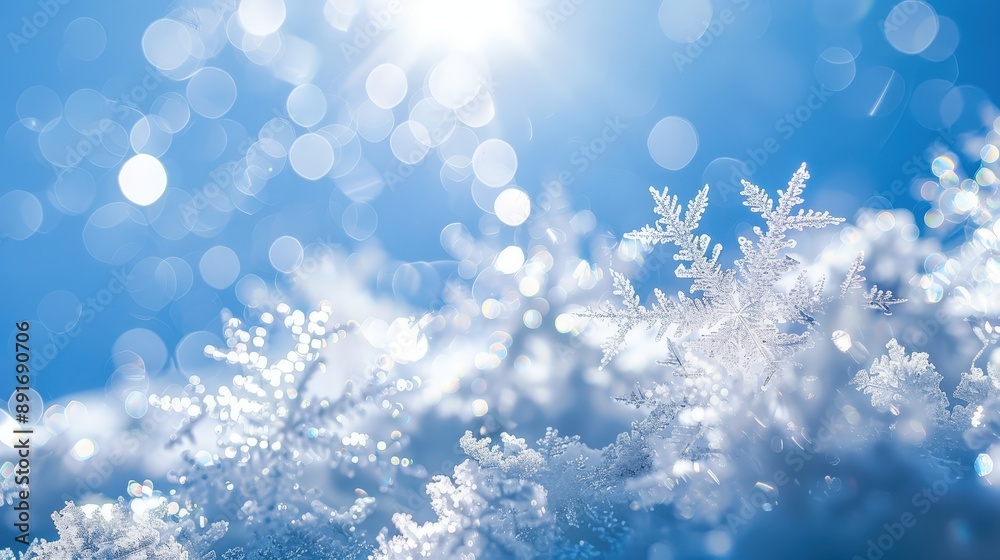 Close-up view of intricate, sparkling snowflakes against a bright blue winter sky Close-up view of intricate, sparkling snowflakes against a bright blue winter sky