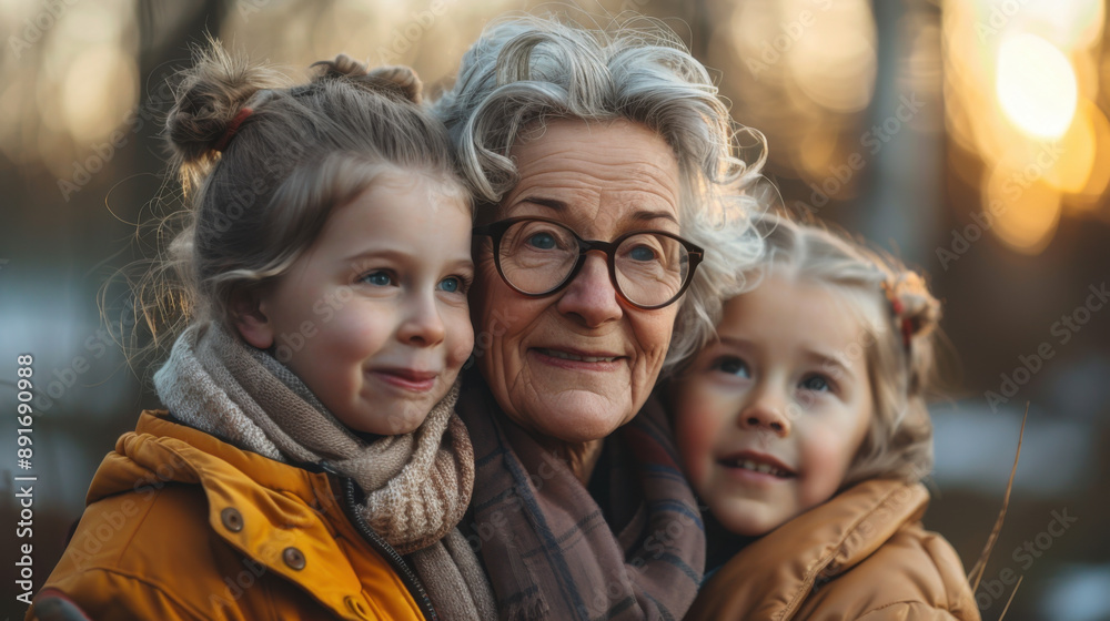 Elderly woman with glasses and two young granddaughters in cozy jackets sharing a warm embrace outside.