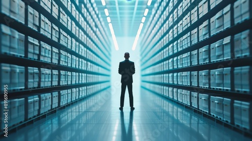 A man stands in a large room with many shelves of boxes