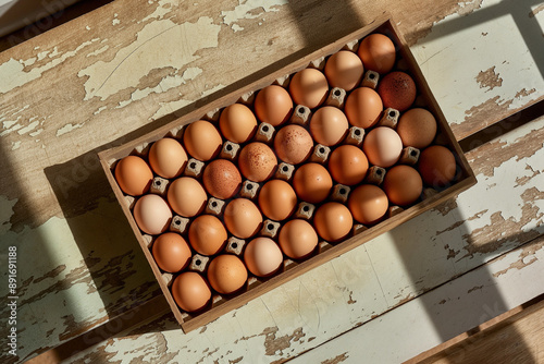 A weathered wooden egg crat...