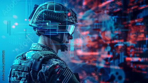 Soldier wearing vr goggles is analyzing data on a futuristic battlefield, showcasing the future of warfare technology