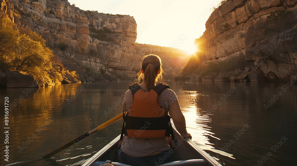 A woman paddling a canoe through a river canyon at sunset, enjoying the serene scenery.