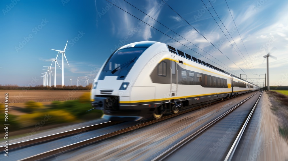 Naklejka premium A detailed shot of an electric train traveling through a countryside, with wind turbines in the background, high-resolution photo, realistic photo, cinematography, hyper realistic