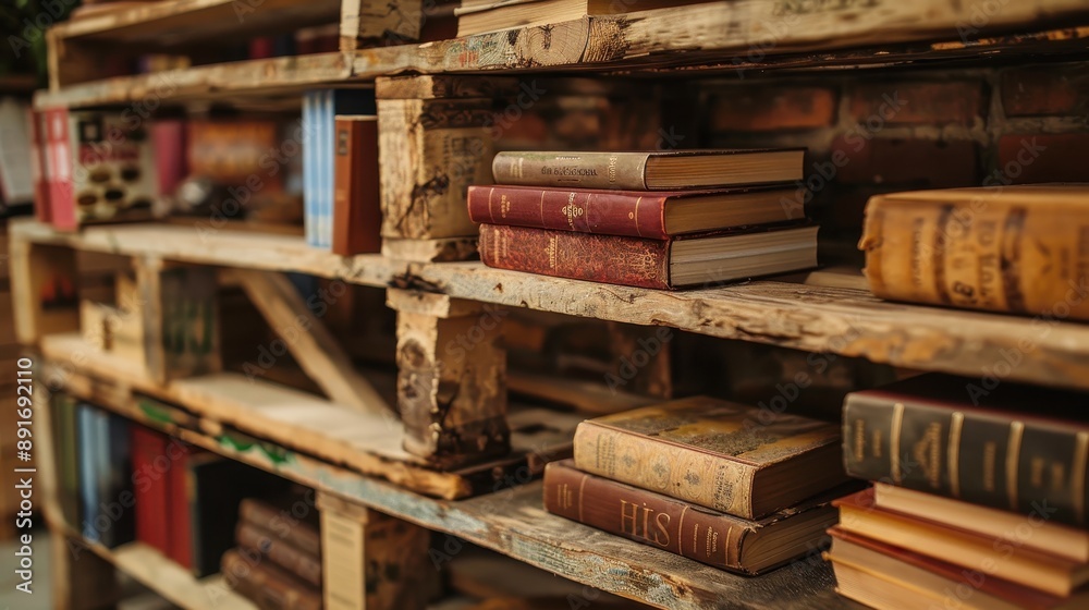 Obraz premium Crafting a Rustic Bookshelf: Transforming Wooden Pallet with Books and Decor Items