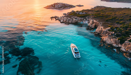 Aerial view of luxury yacht on blue sea at sunset in summer. Travel and yachting in Sardinia, Italy. Drone view from above of speed boat, sea lagoon, transparent azure water. Seascape. Vacation