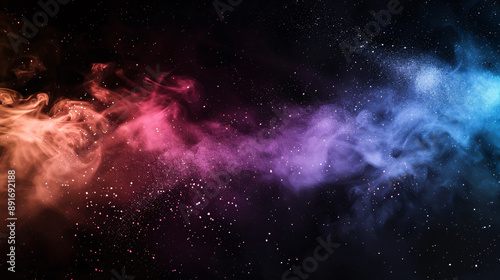 Colorful smoke fog clouds with shiny dust sparkles of glitter on a black background.