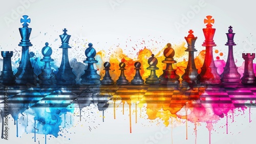 Features chess pieces on a board