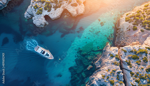 Aerial view of luxury yacht on blue sea at sunset in summer. Travel and yachting in Sardinia, Italy. Drone view from above of speed boat, sea lagoon, transparent azure water. Seascape. Vacation