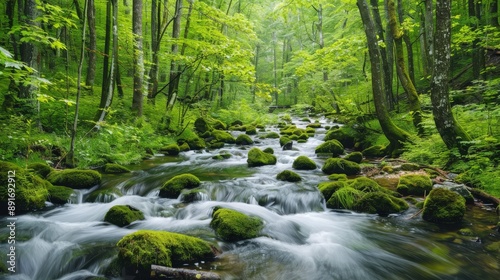 A peaceful forest stream flows over moss-covered rocks, surrounded by a vibrant, green canopy of trees