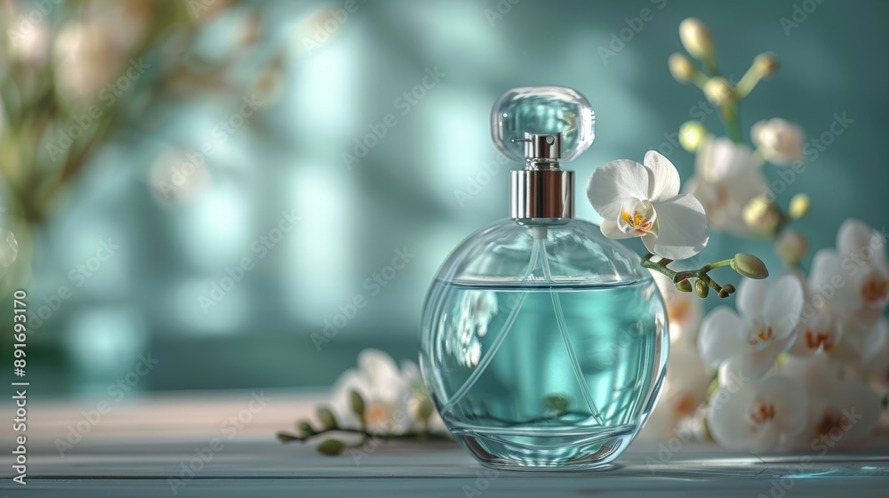 Modern perfume bottle with orchids on a teal background Modern perfume bottle with orchids on a teal background