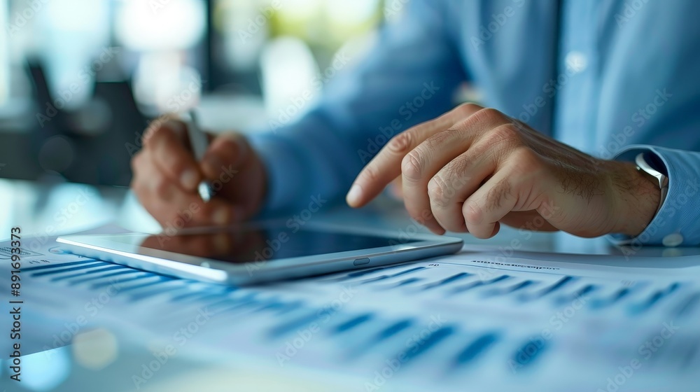 Business analyst reviewing financial reports on a tablet Business analyst reviewing financial reports on a tablet