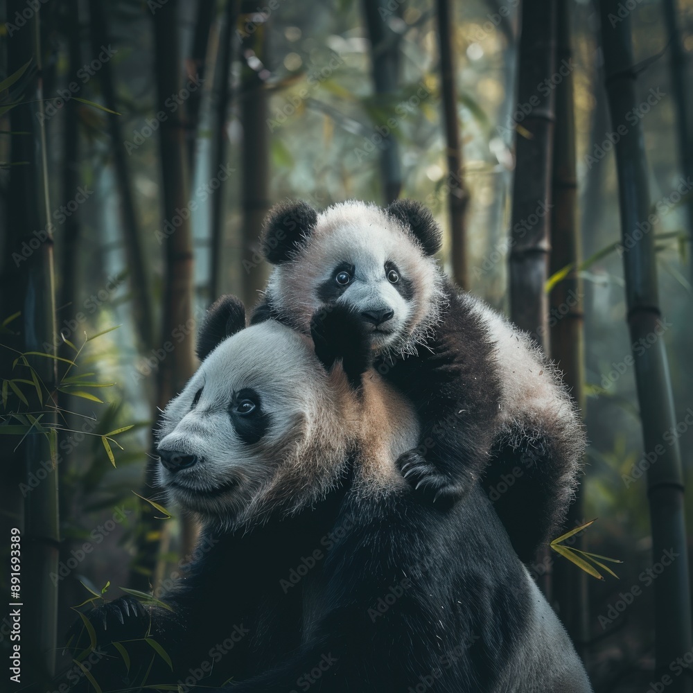 Obraz premium Playful Panda Cub Climbing on Mother in Forest