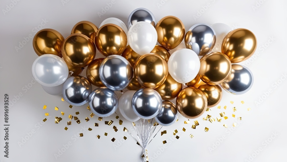 Gold, Silver, and White Balloons with Confetti. Gold, Silver, and White Balloons with Confetti.