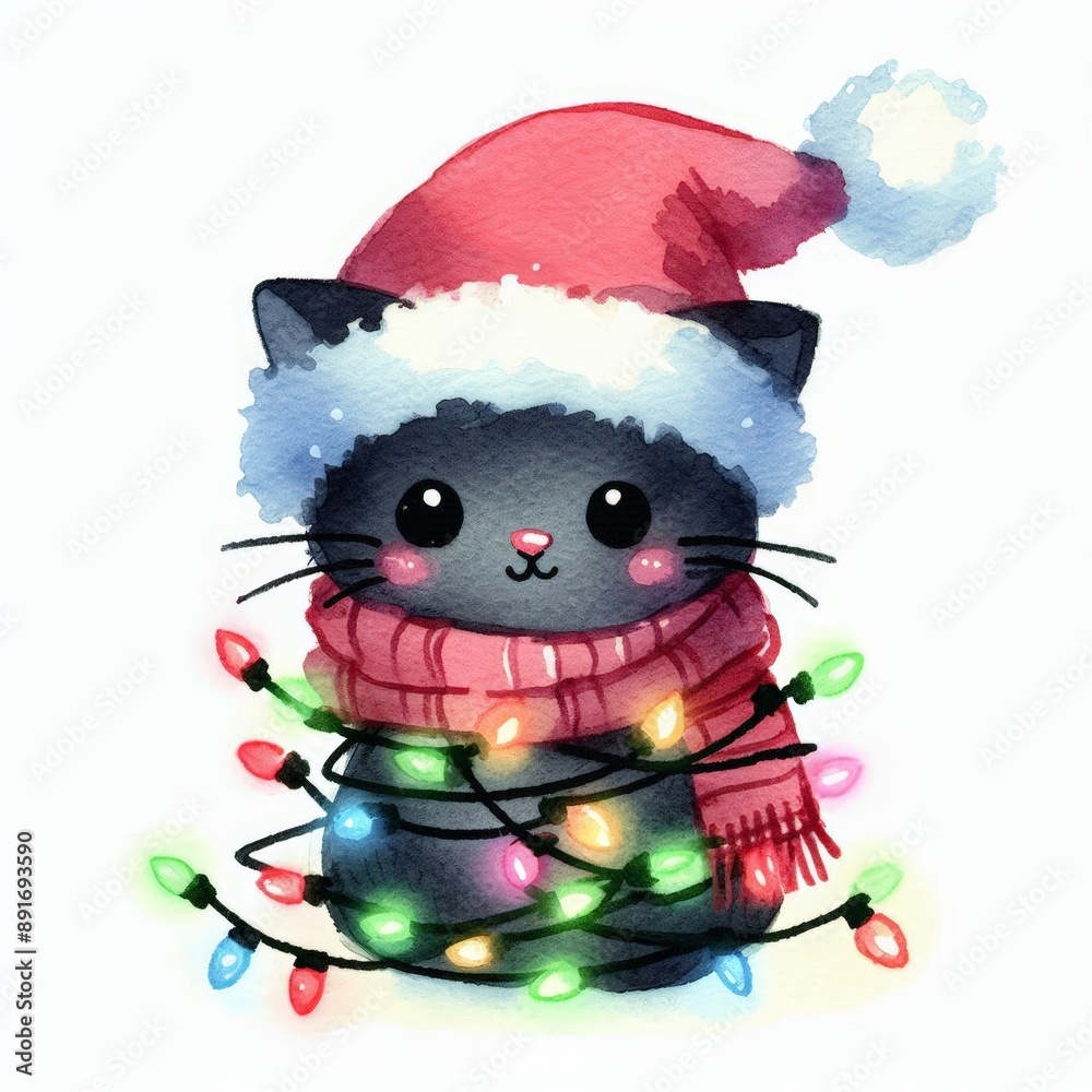 A cute black cat wearing a Santa hat and scarf tangled in colorful Christmas lights. A cute black cat wearing a Santa hat and scarf tangled in colorful Christmas lights.