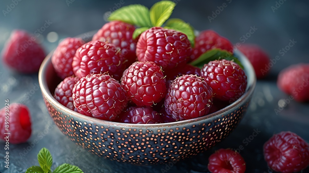 a bowl of raspberries with green leaves. a bowl of raspberries with green leaves.