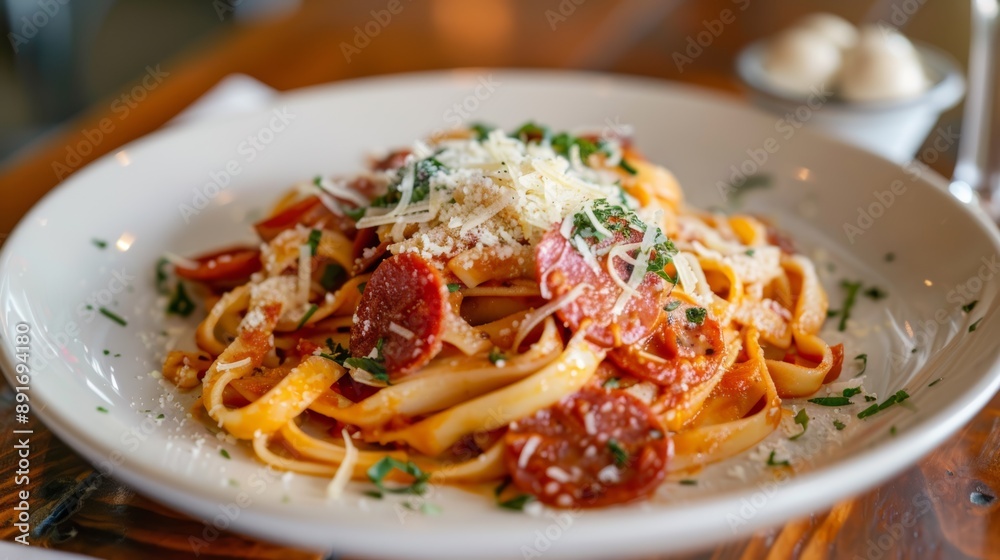 A plate of fettuccine topped with slices of pepperoni, grated cheese, and garnished with chopped herbs A plate of fettuccine topped with slices of pepperoni, grated cheese, and garnished with chopped herbs