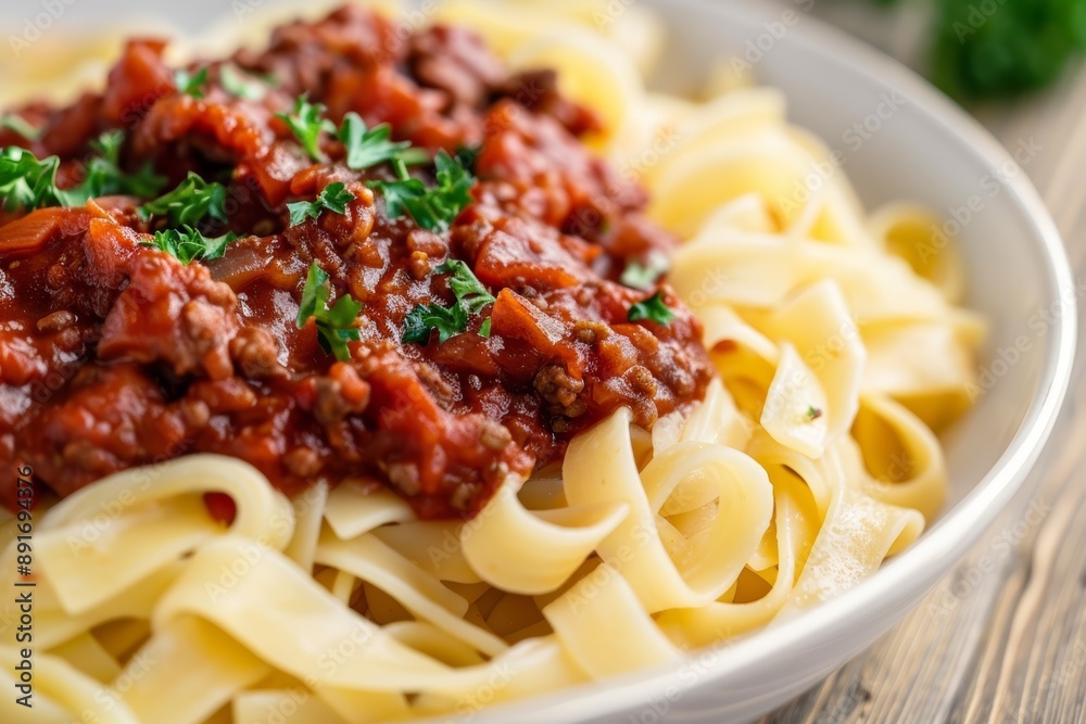 Close-up of a delicious plate of fettuccine pasta topped with a hearty tomato and meat sauce garnished with parsley Close-up of a delicious plate of fettuccine pasta topped with a hearty tomato and meat sauce garnished with parsley