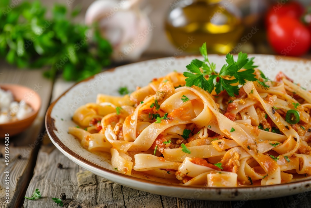 A plate of delicious pasta with tomato sauce and garnished with fresh parsley, displayed on a rustic wooden table and accompanied by fresh ingredients in the background A plate of delicious pasta with tomato sauce and garnished with fresh parsley, displayed on a rustic wooden table and accompanied by fresh ingredients in the background