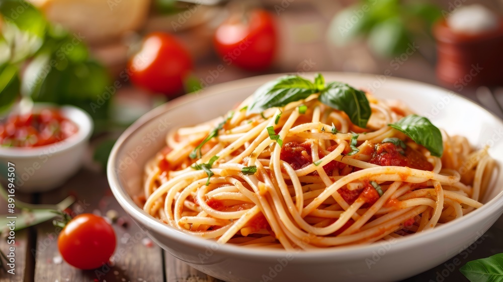 A bowl of spaghetti with tomato sauce, garnished with fresh basil and herbs, served in a rustic setting with tomatoes and greens in the background A bowl of spaghetti with tomato sauce, garnished with fresh basil and herbs, served in a rustic setting with tomatoes and greens in the background