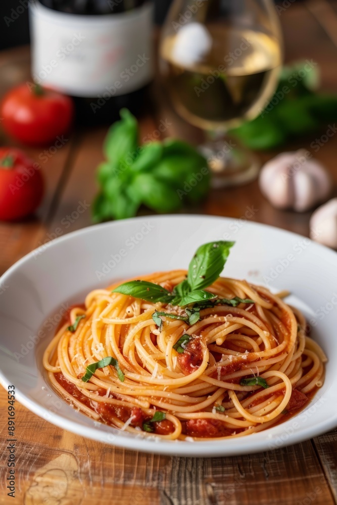 A plate of spaghetti with tomato sauce garnished with basil leaves, accompanied by a glass of white wine and fresh ingredients in the background A plate of spaghetti with tomato sauce garnished with basil leaves, accompanied by a glass of white wine and fresh ingredients in the background