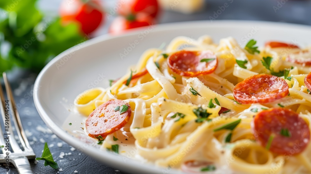 Creamy pasta with slices of pepperoni and fresh herbs on a white plate, garnished with grated cheese. Creamy pasta with slices of pepperoni and fresh herbs on a white plate, garnished with grated cheese.