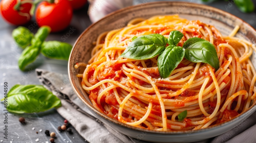 A delicious bowl of spaghetti topped with fresh tomato sauce and basil leaves, garnished with grated cheese, against a rustic backdrop with fresh tomatoes and basil A delicious bowl of spaghetti topped with fresh tomato sauce and basil leaves, garnished with grated cheese, against a rustic backdrop with fresh tomatoes and basil