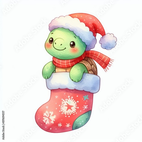 A cute cartoon turtle wearing a Santa hat and scarf sits inside a Christmas stocking.