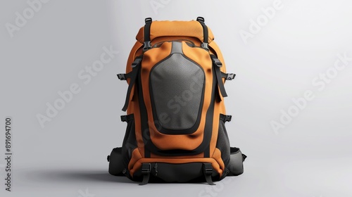 A realistic mockup of a durable travel backpack with multiple compartments, set against a white background. Sports isolated on white. Photo realistic photo.