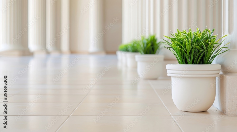 A row of white planters with green plants in them A row of white planters with green plants in them