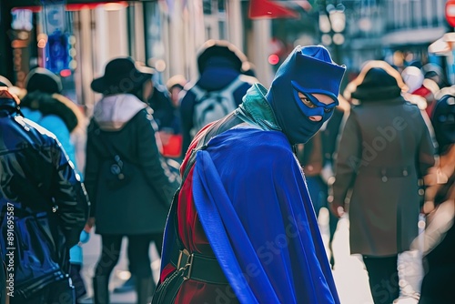 masked hero in disguise, crowded street, undercover mission