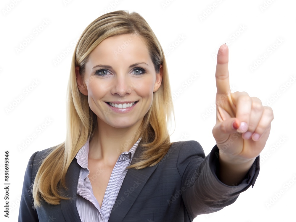 Happy businesswoman pointing at something with her finger, isolated on white Happy businesswoman pointing at something with her finger, isolated on white